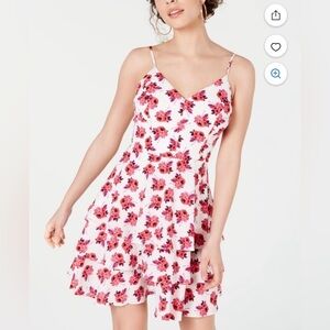 B. Darlin White & Pink Floral Mini Dress Tiered Spaghetti Straps Juniors 3/4